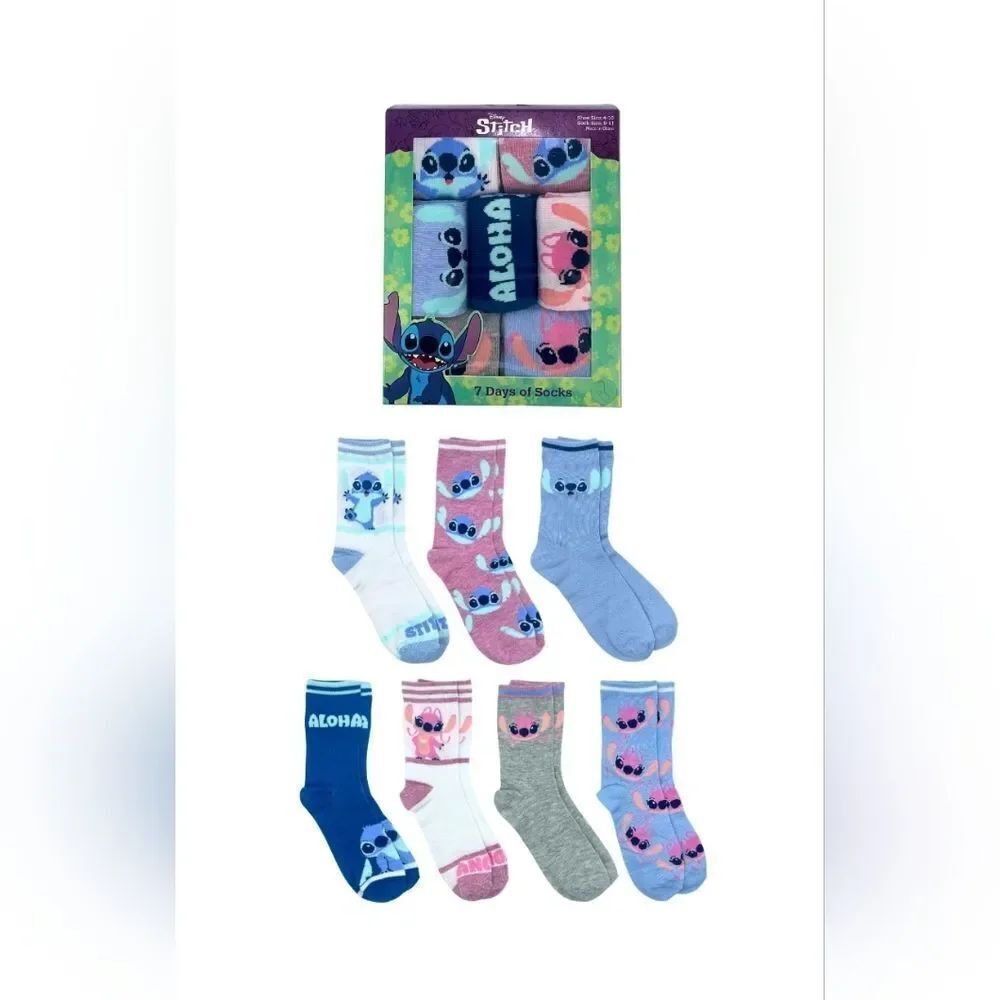 Disney Stitch Women's Crew Socks, 7 Days of Socks Giftable Box, 7-Pack Size 4-10